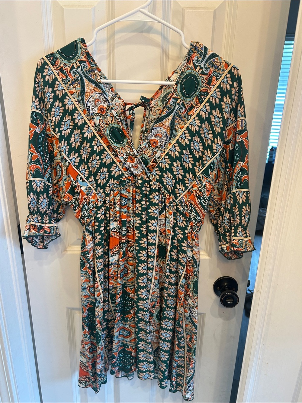 SHEIN Green Floral Paisley Tie-Front Mini Dress
